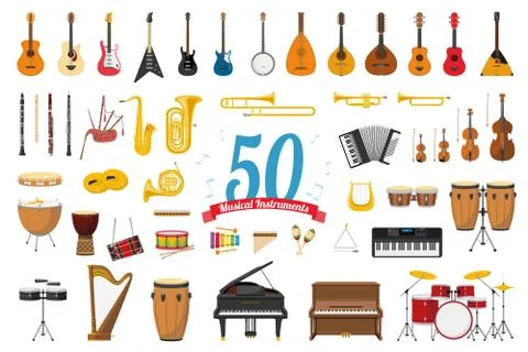Vector illustration set of 50 musical instruments in cartoon style isolated o Stock Illustration