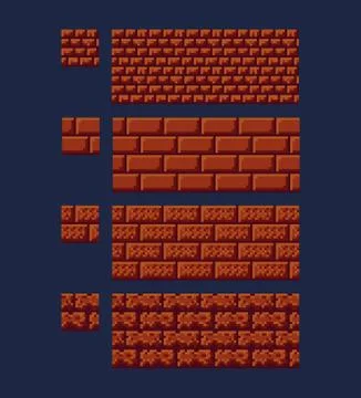 Vector illustration - set of 8 bit 16x16 red brick texture. Pixel art style game Illustrazione stock