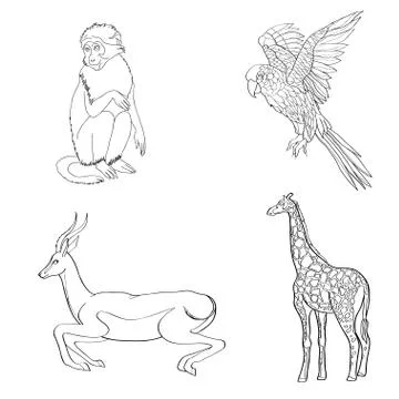 Vector illustration. Set of animals, parrot, giraffe, monkey, gazelle. Black イラスト素材