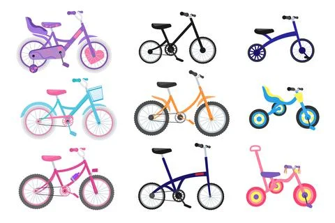 Vector illustration set of bicycles, bikes, wheels, transportation type. Cartoon Stock Illustration