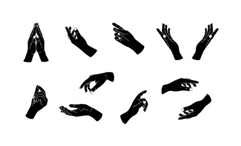 Vector illustration of set of black flat hands gesture icons. Modern simple m Stock Illustration