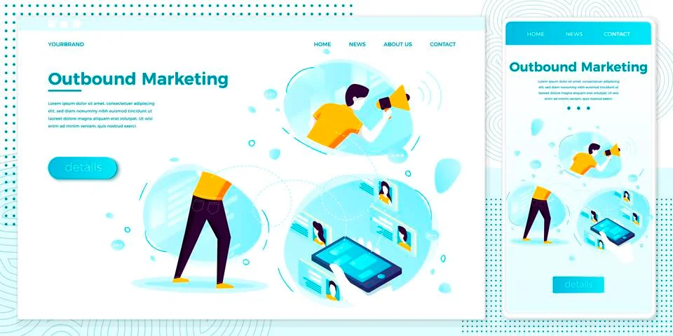 Vector illustration set, browser and mobile marketing, man with speaker. Stock Illustration