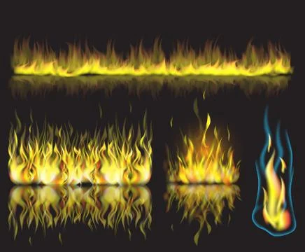Vector illustration with set of burning fire flames on black background Stock Illustration