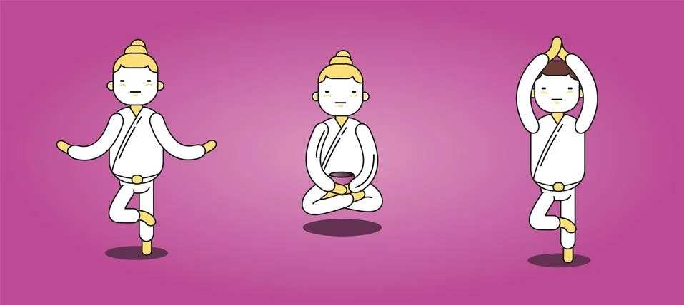 Vector illustration. Set of characters, poses and asanas in yoga on a pink ba Stock Illustration