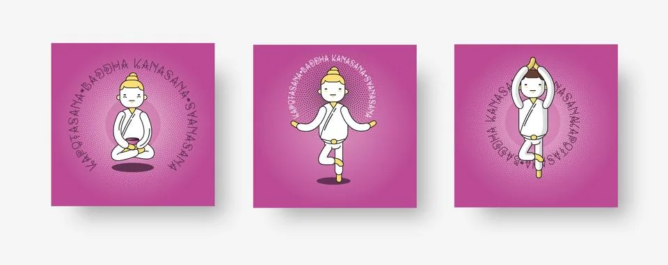 Vector illustration. Set of characters, poses and asanas in yoga on a pink ba Stock Illustration
