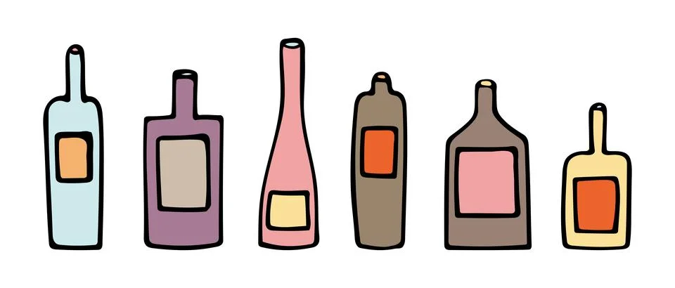 Vector illustration of a set of colored bottles of different shapes with labels 스톡 일러스트