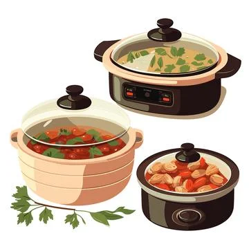 Vector illustration of a set of cooking pots, pans and pots with stewed meat. Illustrazione stock
