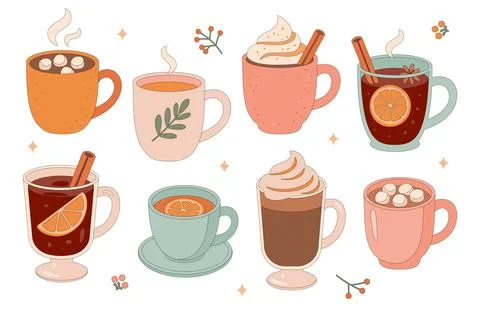 Vector illustration set of cozy hot drinks in mugs and cups 스톡 일러스트