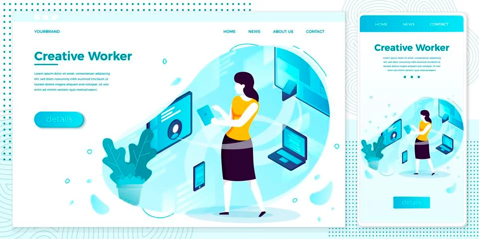 Vector illustration set - creative work process, freelance girl with devices Stock Illustration