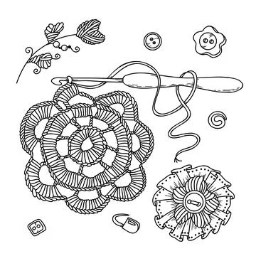 Vector illustration Set of crochet elements in doodle hand drawing style. Illustrazione stock