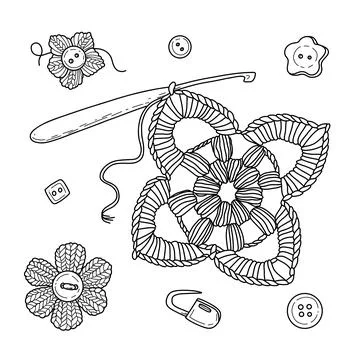 Vector illustration Set of crochet elements in doodle hand drawing style. Stock Illustration