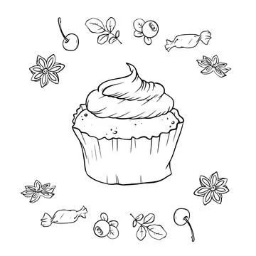 Vector illustration set of cupcakes with ingredients - berries, spices, sweet Stock Illustration