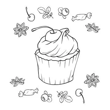 Vector illustration set of cupcakes with ingredients - berries, spices, swe.. Stock Illustration