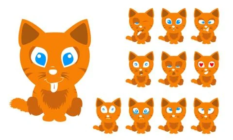 Vector illustration set of cute and funny cartoon little orange cat with faci Stock Illustration