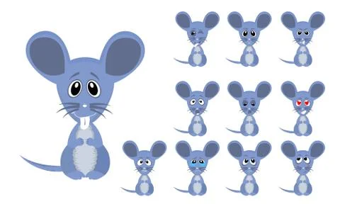 Vector illustration set of cute and funny cartoon little grey mouse with faci Stock Illustration