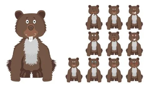 Vector illustration set of cute and funny cartoon little brown wild bear with Stock Illustration