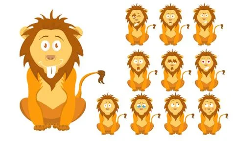 Vector illustration set of cute and funny cartoon little brown wild lion with Stock Illustration