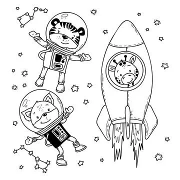 Vector illustration Set of cute animals in space on a rocket in doodle hand.. Stock Illustration
