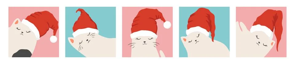 Vector illustration set of cute cartoon hand drawn cat faces in Santa hat i.. Illustrazione stock