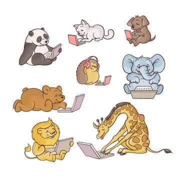 Vector illustration set of cute child animals with laptops. Illustrazione stock