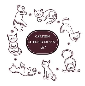 Vector illustration, set of cute  hand drawn cats, line art style, Stock Illustration