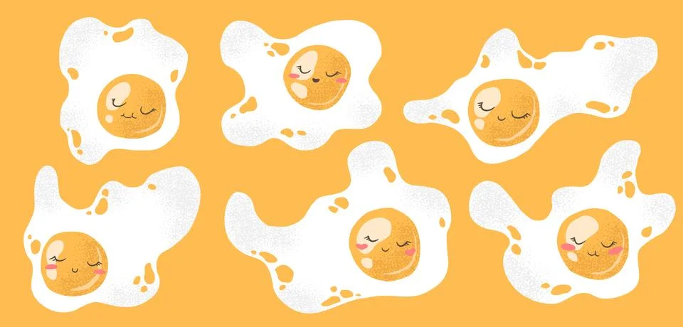 Vector illustration set of cute hand drawn fried eggs isolated on yellow ba.. Stock Illustration