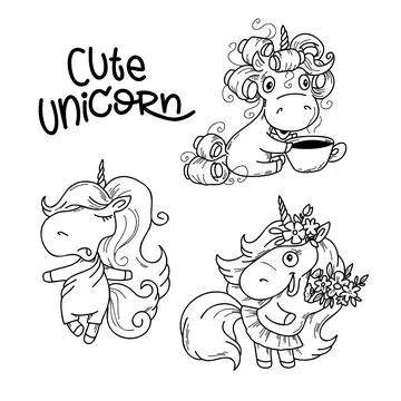 Vector illustration Set of cute pony unicorn in doodle hand drawing style. Stock Illustration