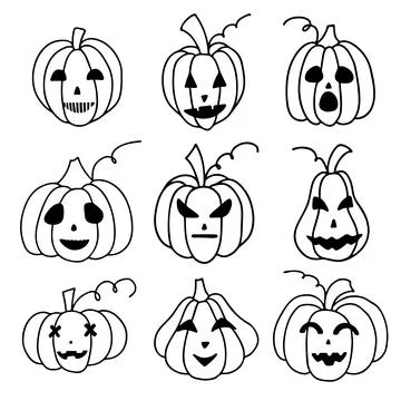 Vector illustration. Set of cute pumpkins of different shapes with faces is.. Stock Illustration