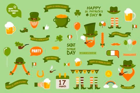 Vector illustration set of design elements on a green background. St. Patrick Stock Illustration