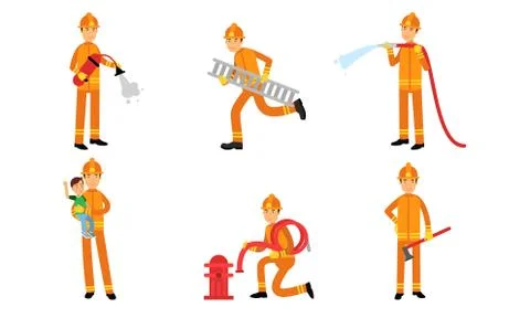 Vector Illustration Set With Different Action Poses Of Fireman At Work Stock Illustration