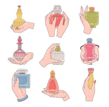 Vector illustration of a set of different hand positions with perfume bottl.. Illustration