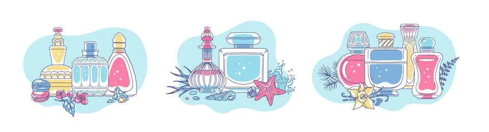 Vector illustration of a set of different perfume bottles with different arom Illustration