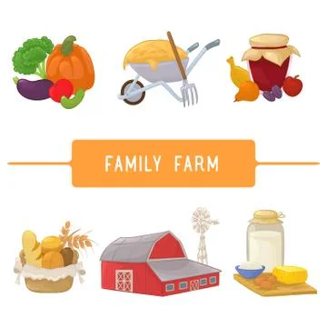 Vector illustration set of farm barn, dairy produce,  fruits and jar of jam, Stock Illustration