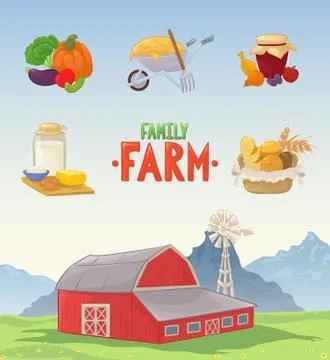 Vector illustration set of farm barn, dairy produce,  fruits and jar of jam, イラスト素材