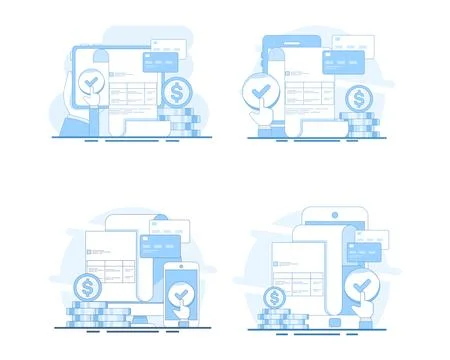 Vector illustration set featuring digital payment systems, online payments Stock Illustration