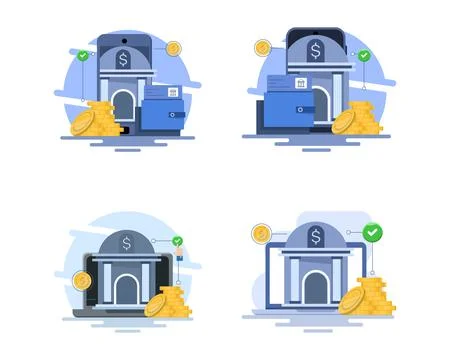 Vector illustration set featuring online banking, internet payments. Stock Illustration