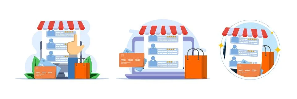 Vector illustration set featuring online customer reviews, star ratings. Stock Illustration