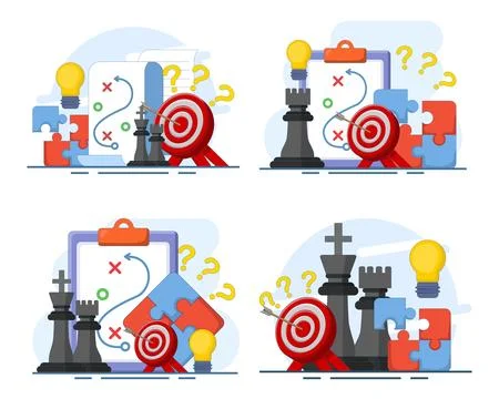 Vector illustration set featuring strategic chess knight for business planning Stock Illustration
