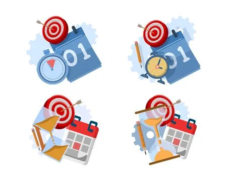 Vector illustration set featuring time management, scheduling, target planning. Stock Illustration