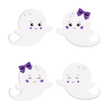 Vector illustration set of flat cute sweet cartoon smiling boy and girl ghost Stock Illustration