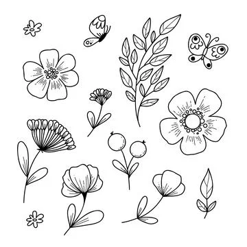Vector illustration Set of flowers and leaves in doodle hand drawing style. Stock Illustration