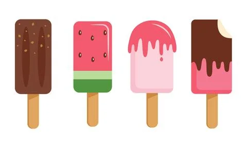 Vector illustration set of four delicious summer popsicles on wooden sticks Illustrazione stock