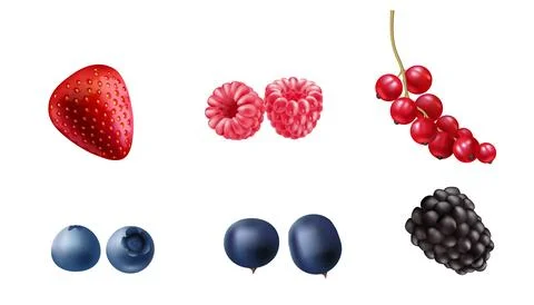Vector illustration set of fresh, 3d realistic berries blueberry, currant, .. Stock Illustration