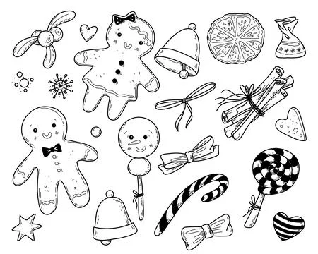 Vector illustration set of gingerbread cookies for Christmas in doodle hand Illustrazione stock