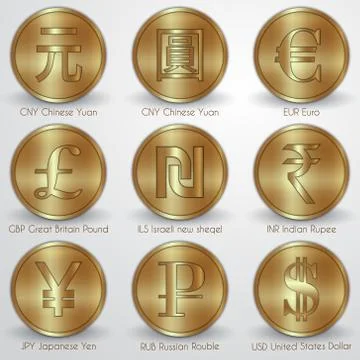 Vector illustration set of gold coins with different currency signs Stock Illustration