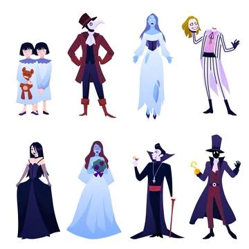 Vector Illustration of set with gothic ghost characters on isolated background. Stock Illustration