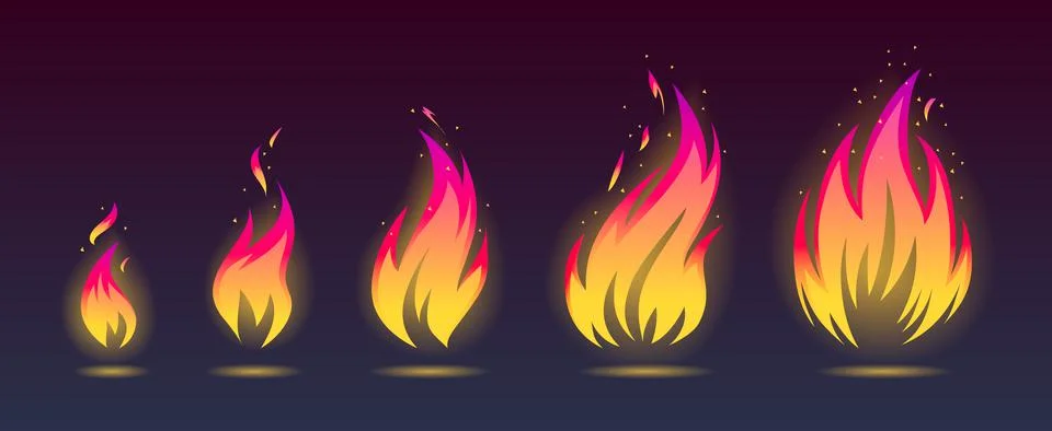 Vector illustration set of growing fire flames icons on dark background. Flame Stock Illustration