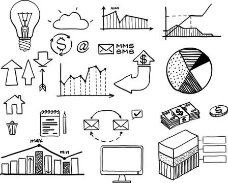 Vector illustration of set of hand drawn business, finance elements Illustrazione stock
