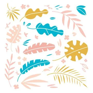 Vector illustration set of hand drawn plants and palm leaves for design. Flat Stock Illustration