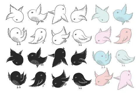 Vector illustration with set of hand drawn cute birds contours, silhouettes a Illustrazione stock